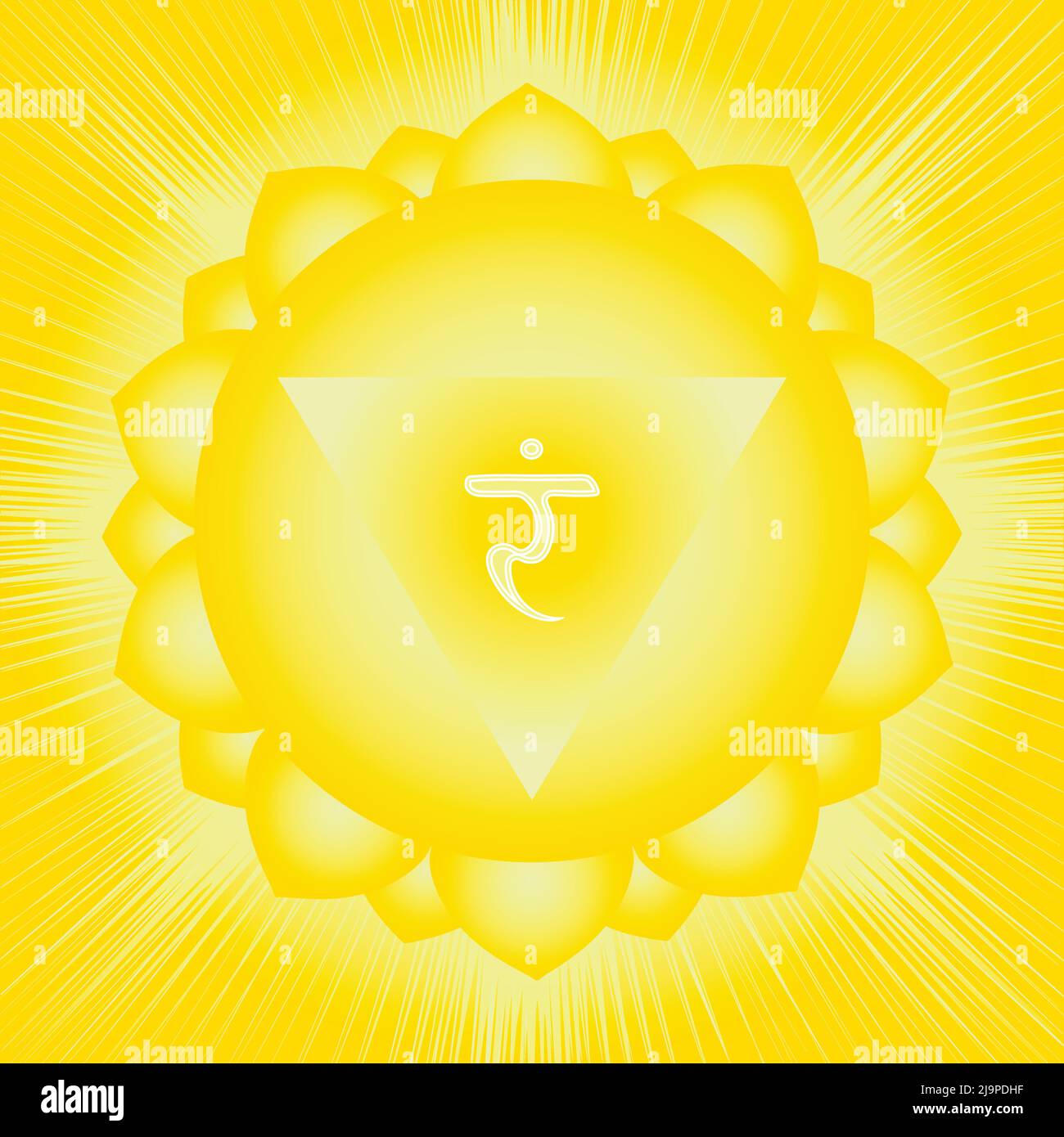 Das dritte Chakra von Manipur. Solar Plexus Chakra mit hinduistischem Sanskrit. Gelb ist ein flaches Symbol für Meditation, Yoga. Stock Vektor