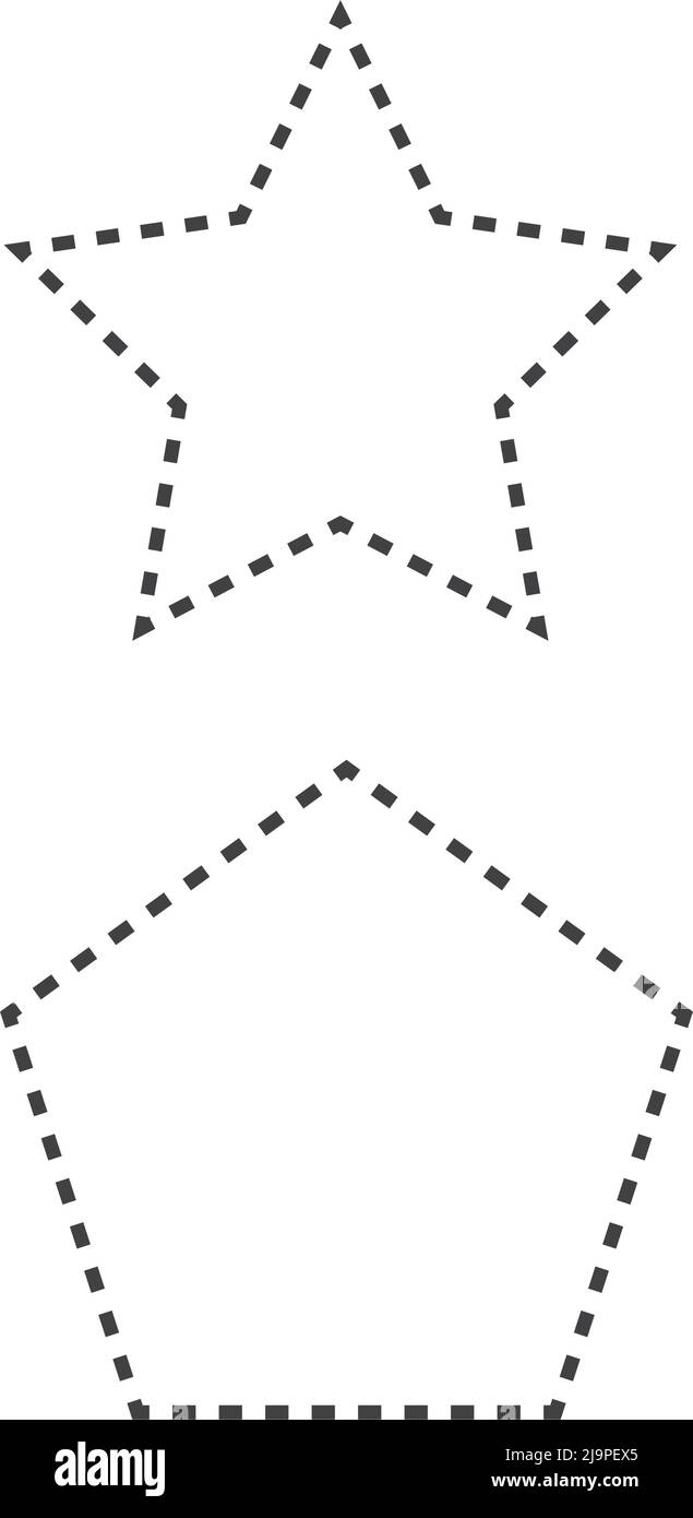 Gepunktete geometrische Formen Arbeitsblätter für Kinder - Färbung, Schneiden und Zeichnen.Ready-to-Print, geometrische Formen Unterricht Übungen für Kinder, geometrisch. Stock Vektor