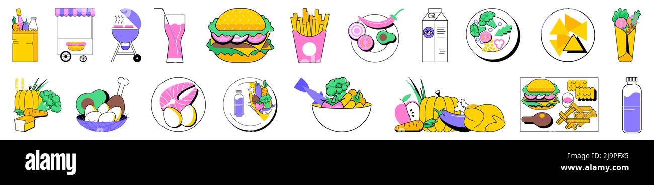 Bunte lineare Vektor isolierte Illustration Satz von Lebensmitteln. Obst und Gemüse, mediterrane und Keto-Diät, Bio-Lebensmittel, BBQ und Taco, Burger und pommes frites, nationale Küche Gerichte. Stock Vektor