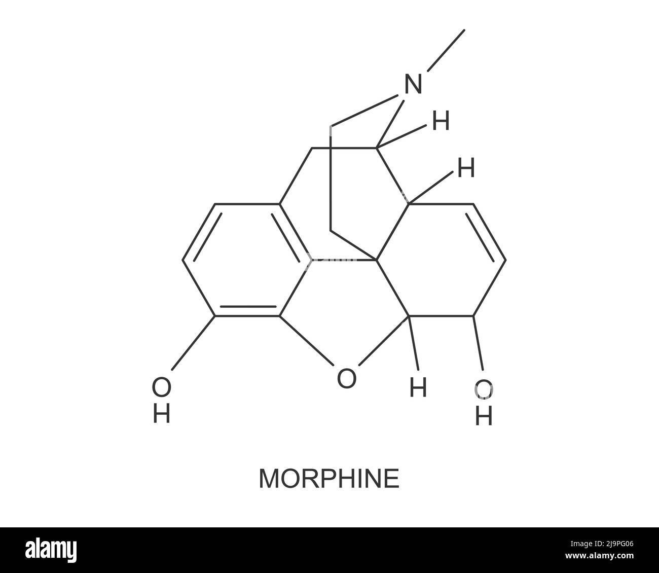 Symbol für die chemische molekulare Struktur von Morphin. Medizinische Opioidarzneimittelformel isoliert auf weißem Hintergrund. Alkaloid mit schmerzlindernden Schmerzmitteln. Vektorgrafik Stock Vektor