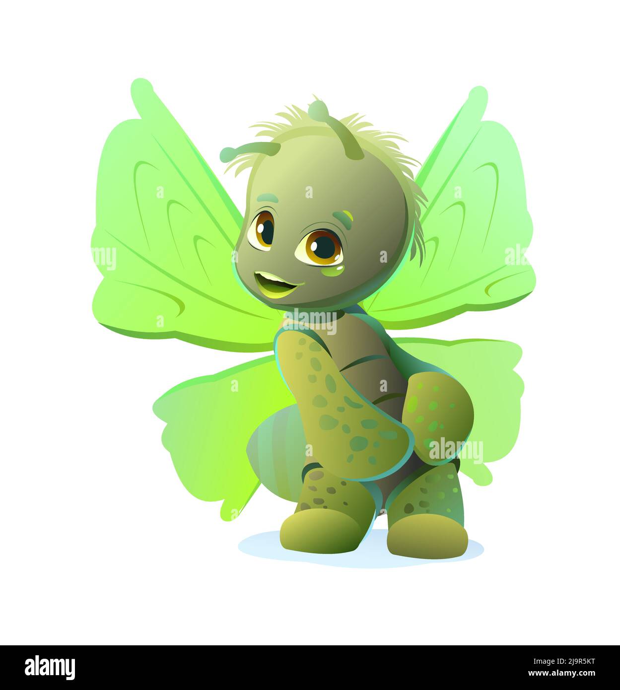 Grüner Schmetterling Spaß schüchtern schüchtern. Niedliche Zeichentrickfigur. Witziges Insektenobjekt. Mottenfliege. Isoliert auf weißem Hintergrund. Vektor. Stock Vektor