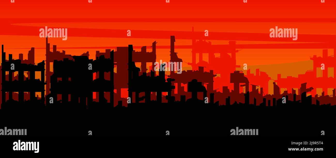 Ausgebrannte Stadt. Die Stadt ist ruiniert. Apokalypse Natur oder Krieg. Welt in Flammen. Traurige Landschaft der Zerstörung. Vektor. Stock Vektor