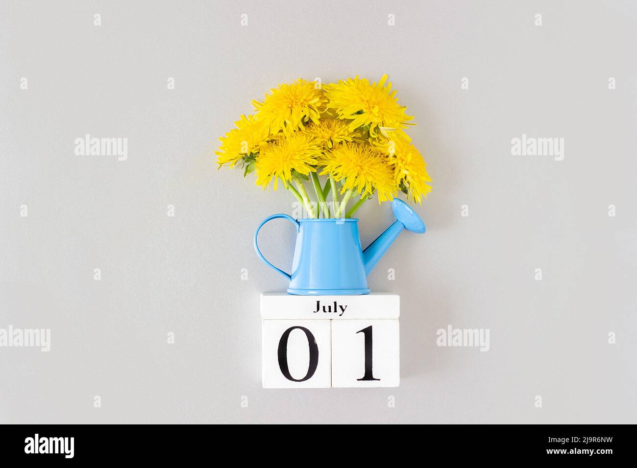 1.. Juli. Sommerkalenderdatum und gelbe Dandelionen Blumen in blauer Gießkanne auf grauem Hintergrund. Planner-Vorlage. Terminkalender des Veranstalters. Event Schedul Stockfoto
