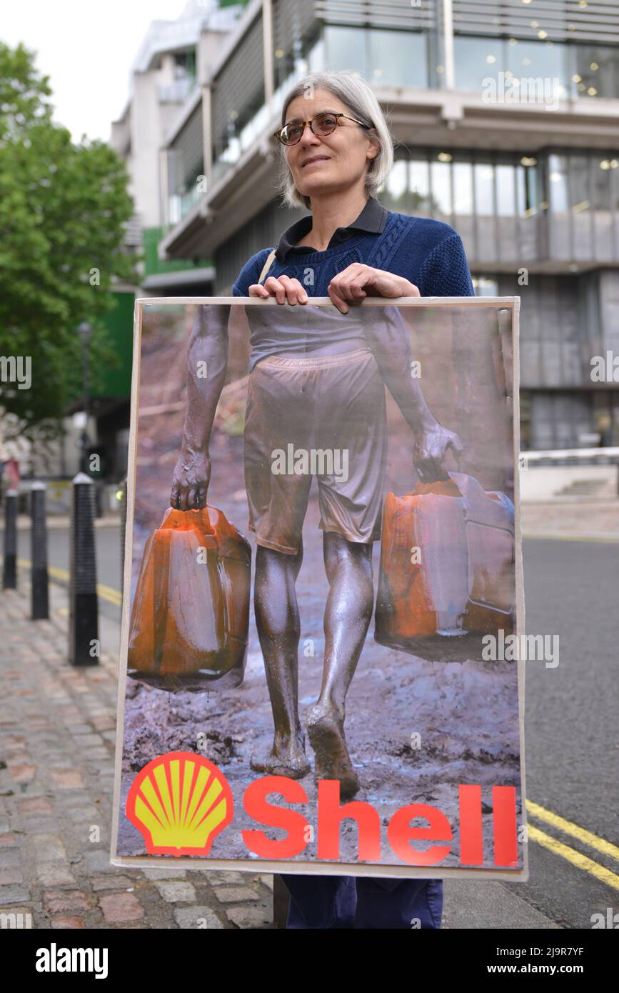 Protestler hält Plakat bei der Demonstration. Protestierende der Extinction Rebellion versammelten sich in der methodistischen Central Hall Westminster in London, um die Shell-Jahreshauptversammlung zu stoppen. Stockfoto