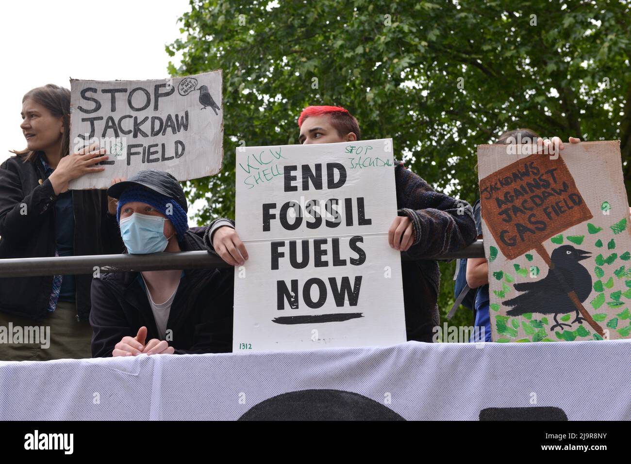 Demonstranten halten Plakate an der Demonstration. Protestierende der Extinction Rebellion versammelten sich in der methodistischen Central Hall Westminster in London, um die Shell-Jahreshauptversammlung zu stoppen. Stockfoto