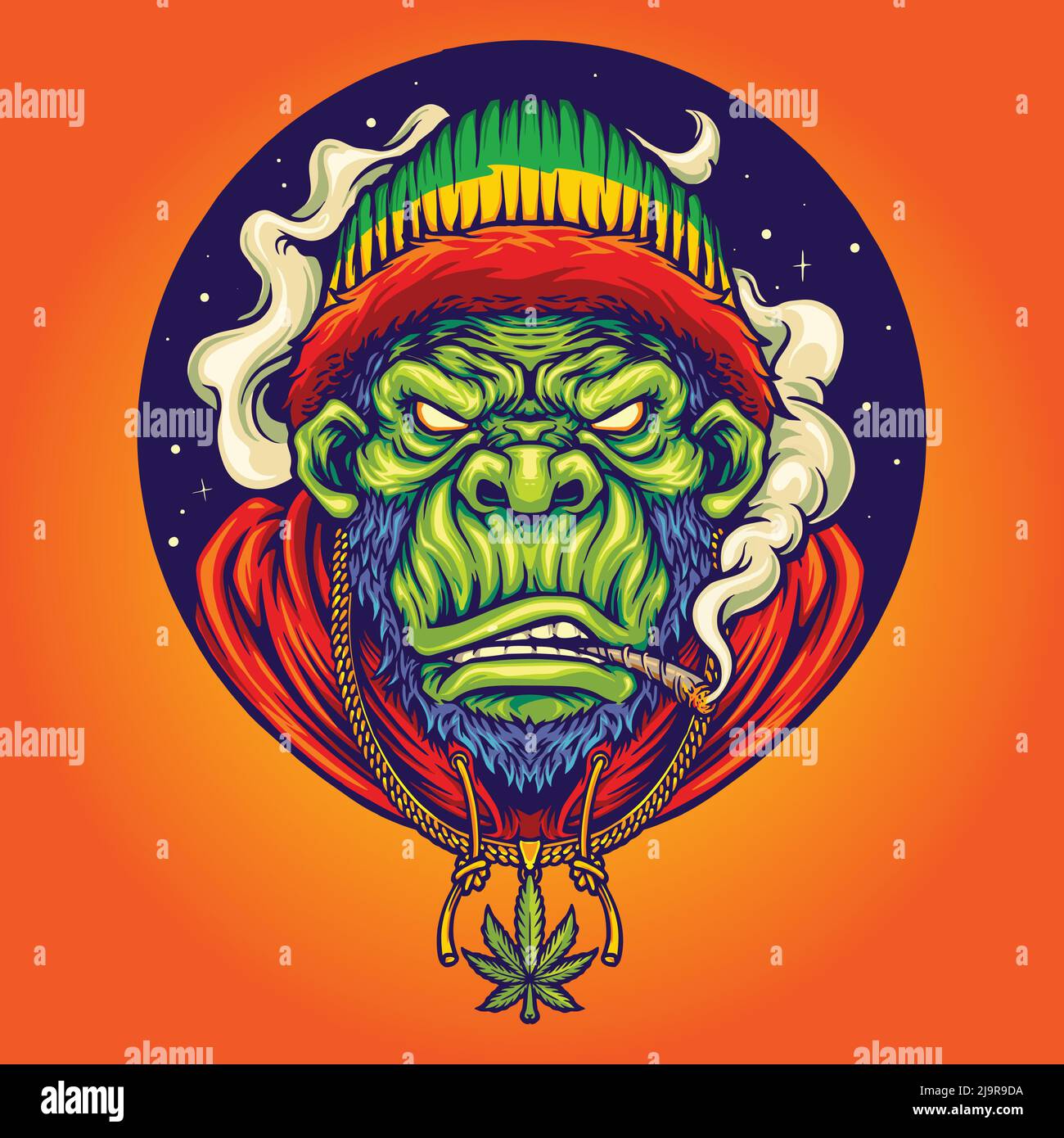 Rasta Gorilla mit rauchenden Weed-Vektor-Illustrationen für Ihre Arbeit Logo, Merchandise-T-Shirt, Aufkleber und Label-Designs, Poster, Grußkarten Stock Vektor