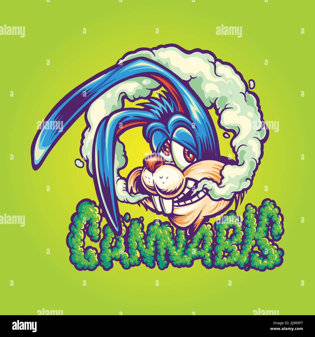 Hasenraucher mit Cannabis-Wort-Schriftzug Vektor-Illustrationen für Ihre Arbeit Logo, Merchandise-T-Shirt, Aufkleber und Label-Designs, Poster Stock Vektor