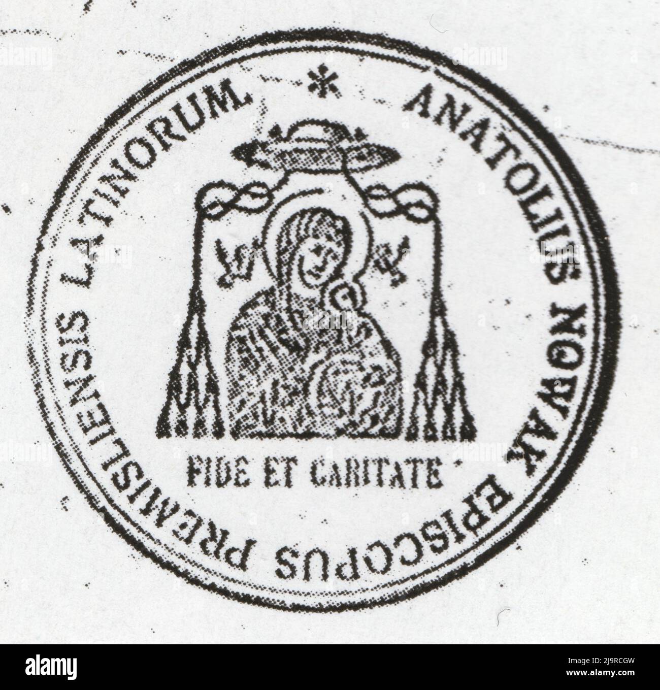 Pieczatka anatolius nowak episcopus premiliensis latinorum. Fide et caritate. Polen. Stockfoto