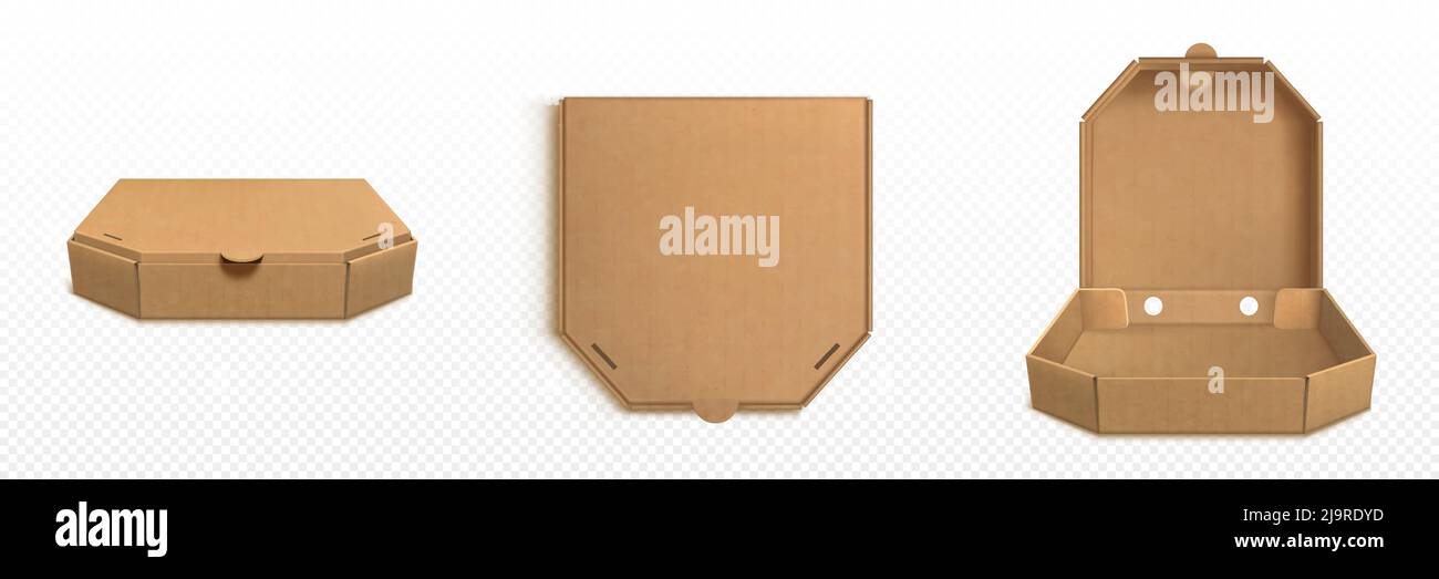 Braune Pappe Pizzakarton 3D realistische Vektor. Öffnen Sie die leere und geschlossene Kartonverpackung für die Lieferung von Fast Food, Ansicht von oben isolierte Mockup-Abbildung auf weißem Hintergrund Stock Vektor