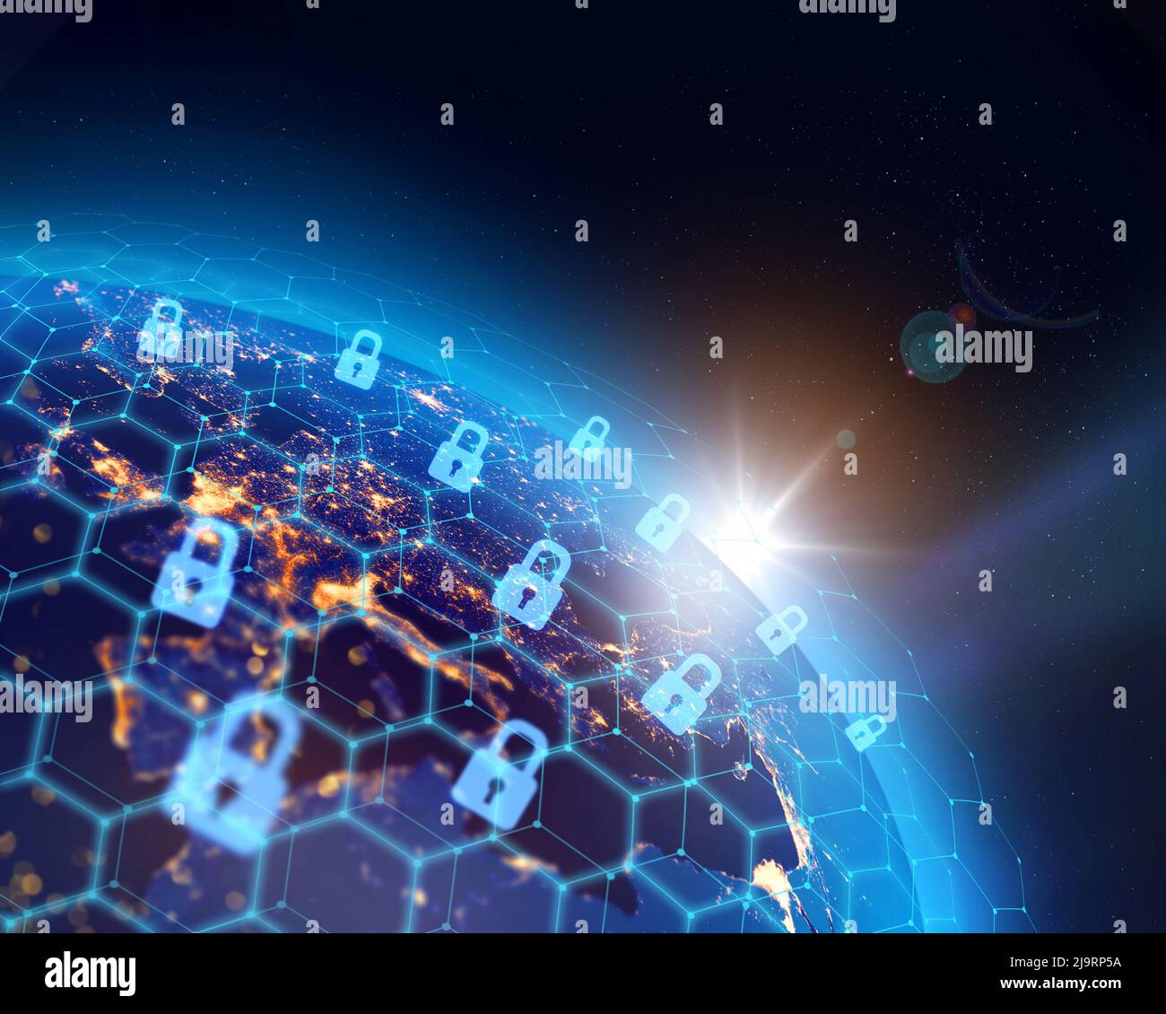 Planet Erde, Stadtlichter und weltweite digitale binäre Datensicherheitsnetzinfrastruktur . Einige Elemente des Bildes, die von der NASA eingerichtet wurden. Stockfoto
