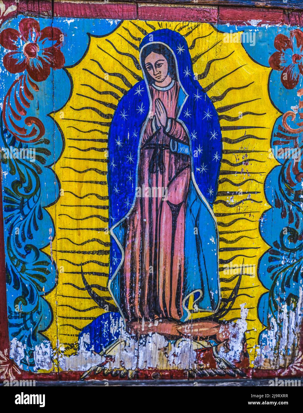 Buntes Guadalupe-Gemälde, Old San Diego, Kalifornien. Guadalupe ist der wichtigste katholische Offenbarungsort in Amerika. (Nur Für Redaktionelle Zwecke) Stockfoto