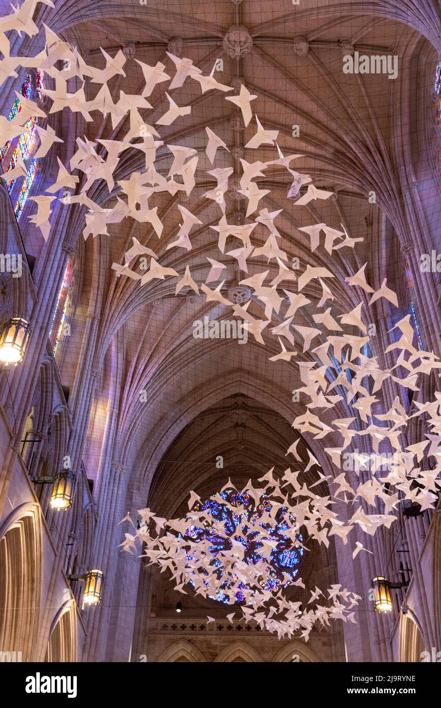 USA, District of Columbia. Washington National Cathedral. Les Colombes ist eine Ausstellung, die aus mehr als 2.000 weißen Origami-Papiertauben besteht. It Stockfoto