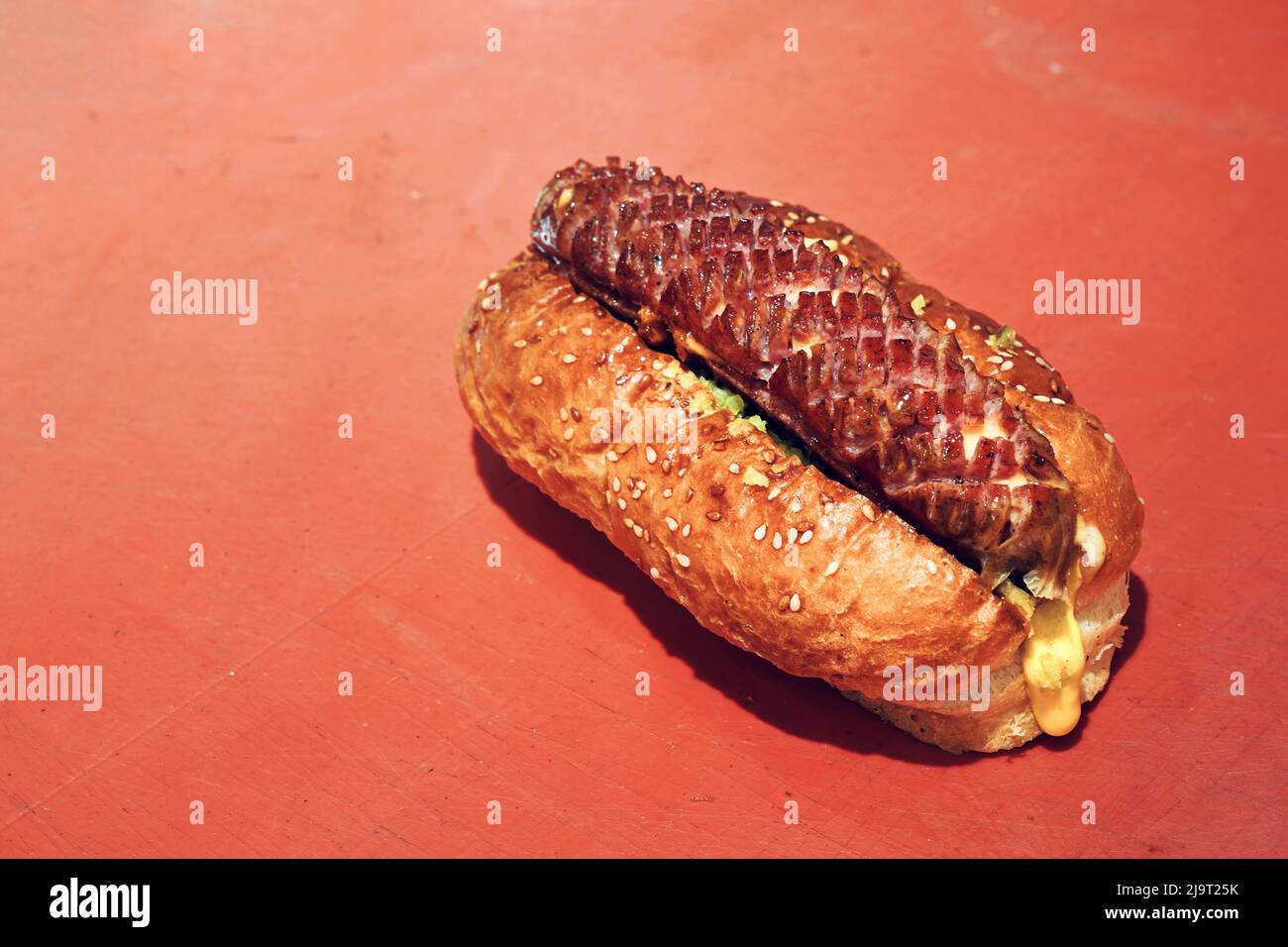 Köstlicher gegrillter Hot Dog auf der Theke eines Restaurants, das bereit ist, serviert zu werden. Stockfoto