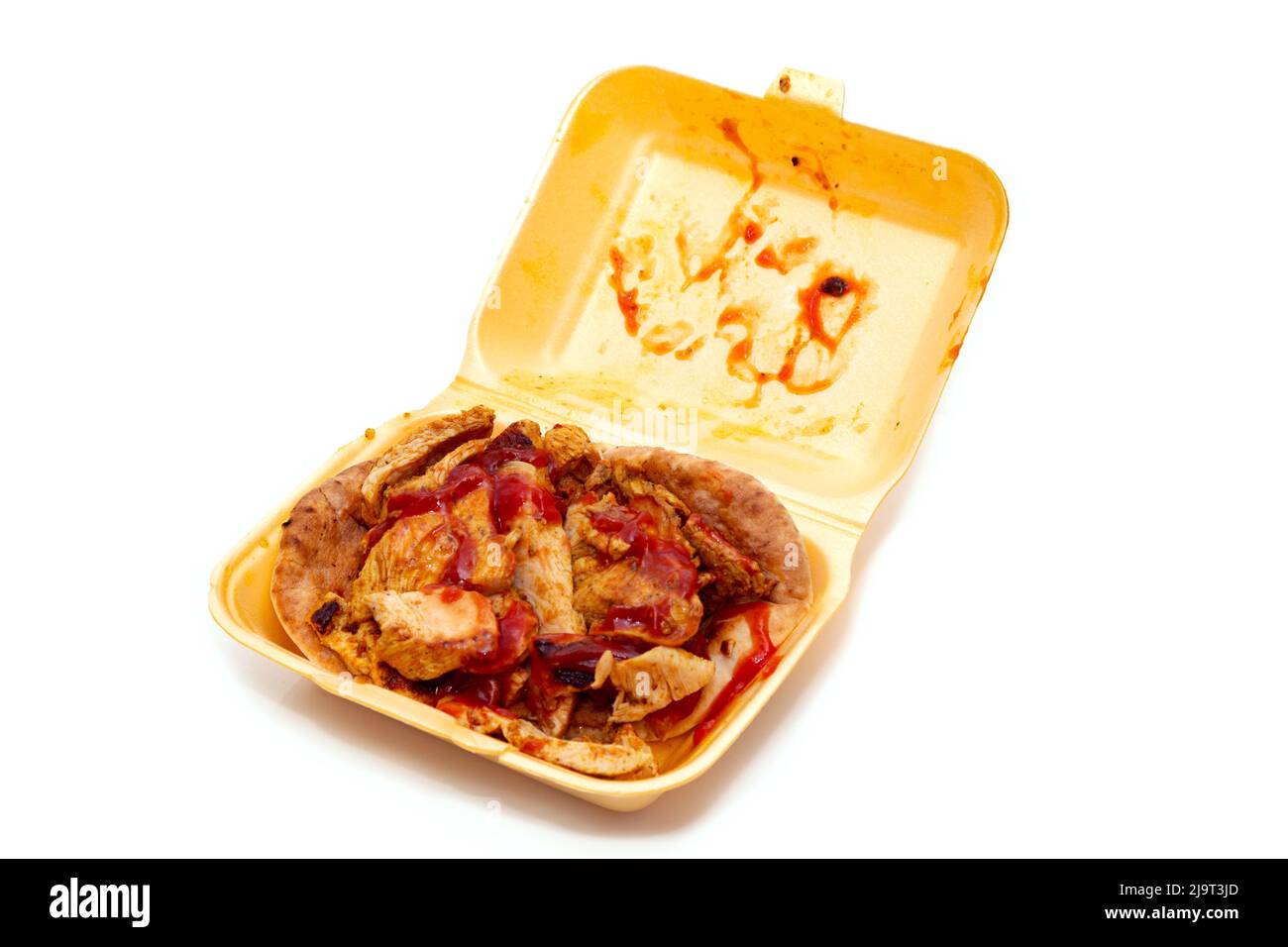 Hühnchen-Kebab in einer Schachtel zum Mitnehmen. Stockfoto