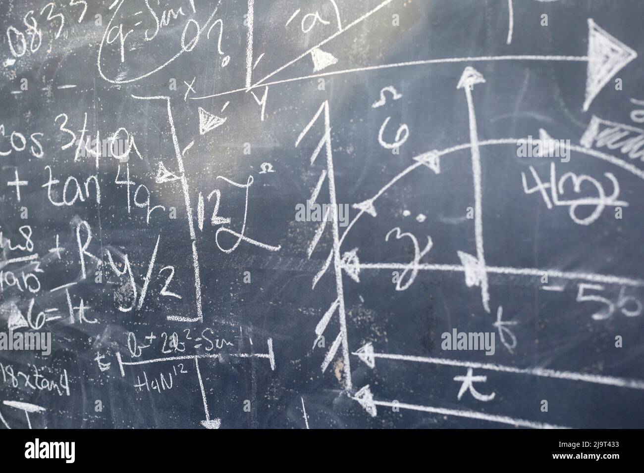 Mathematische Formeln und Berechnungen, die in Kreide auf einer Tafel geschrieben sind. Stockfoto