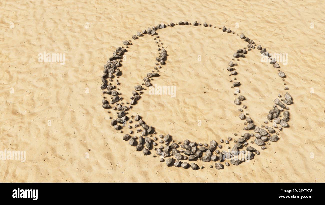 Konzept konzeptuelle Steine am Strand Sand handgemachte Symbolform, goldener sandiger Hintergrund, Kugelschild. Eine illustration aus dem jahr 3D für Sport, Basketball Stockfoto