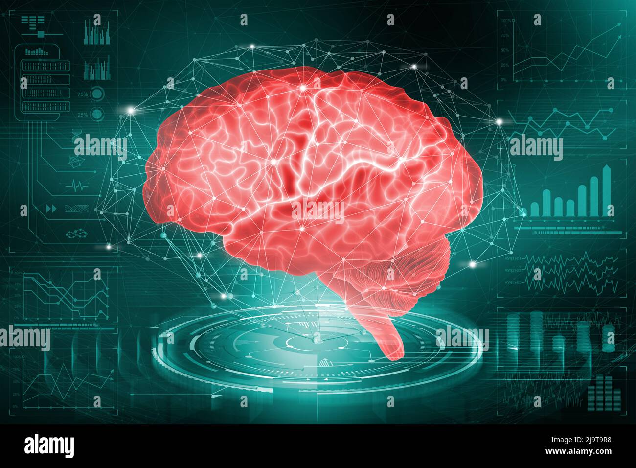 Das menschliche Gehirn. Die Untersuchung der Möglichkeiten des Gehirns bei der Entwicklung künstlicher Intelligenz. Analyse und Rekonstruktion des neuronalen Netzes Stockfoto