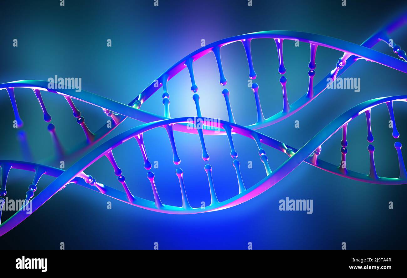 DNA-Genomforschung. Helles Neonlicht. DNA-Molekülstruktur. 3D Doppelhelix-Abbildung. Gentechnik der Zukunft Stockfoto