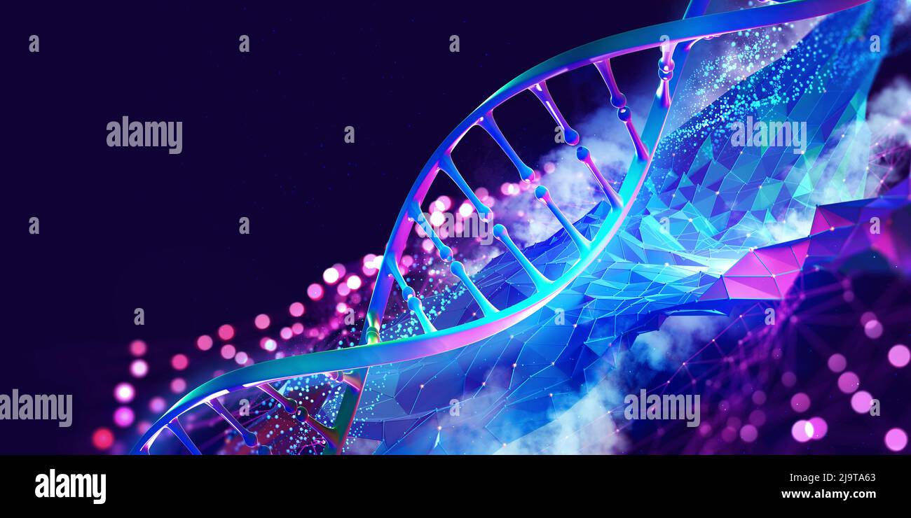 DNA-Helix 3D-Abbildung. Mutationen unter dem Mikroskop. Entschlüsselung des Genoms. Virtuelle Modellierung chemischer Prozesse. Hightech in der Medizin Stockfoto