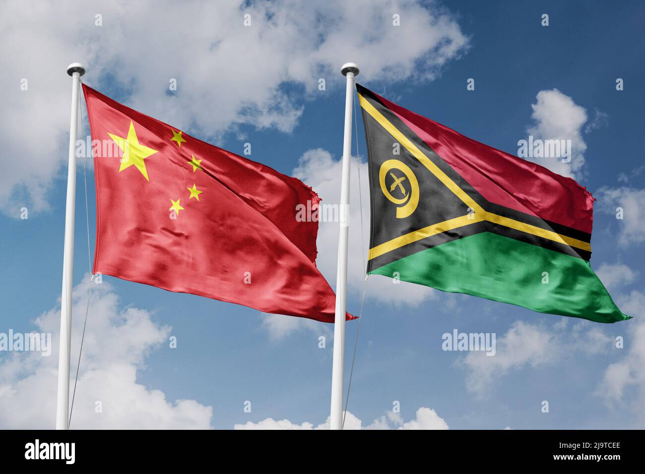 China und Vanuatu zwei Flaggen auf Fahnenmasten und blau-wolkigen Himmel Hintergrund Stockfoto