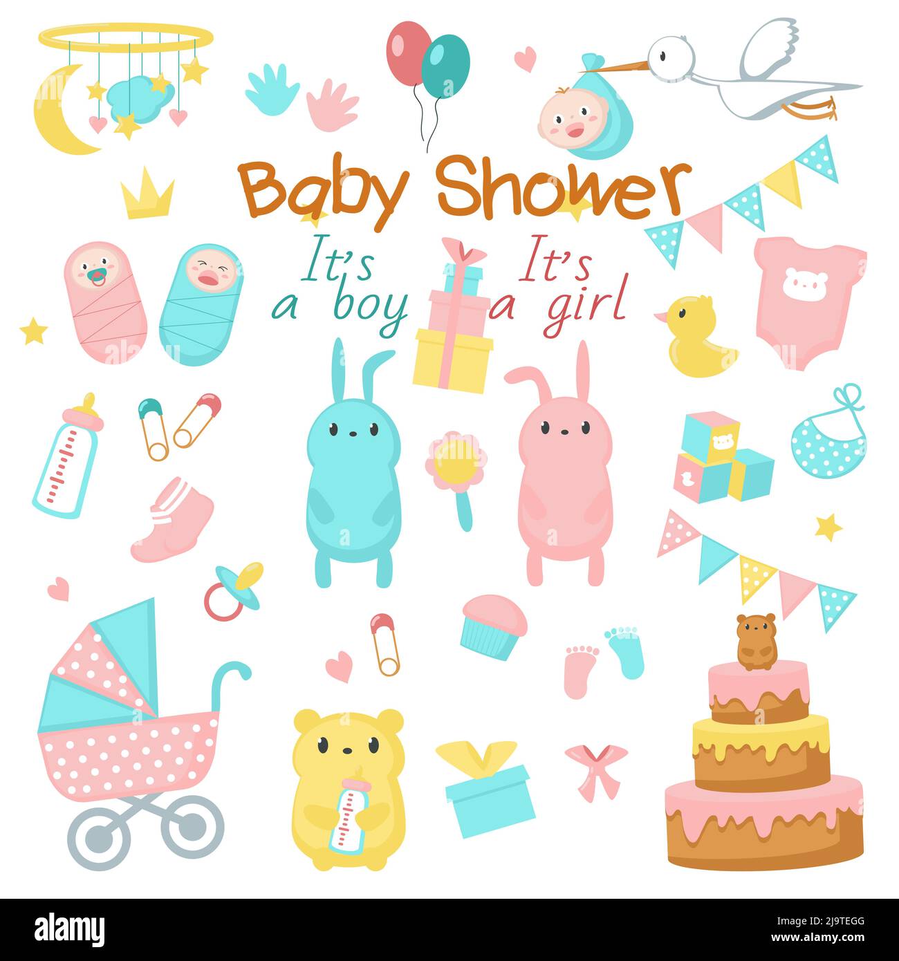 Symbol für Babydusche. Vektor handgezeichnete Illustration von niedlichen Neugeborenen, lustige rosa und blaue Tiere Hasen Bären, Süßigkeiten, Party-Dekorationen. Bab Stock Vektor