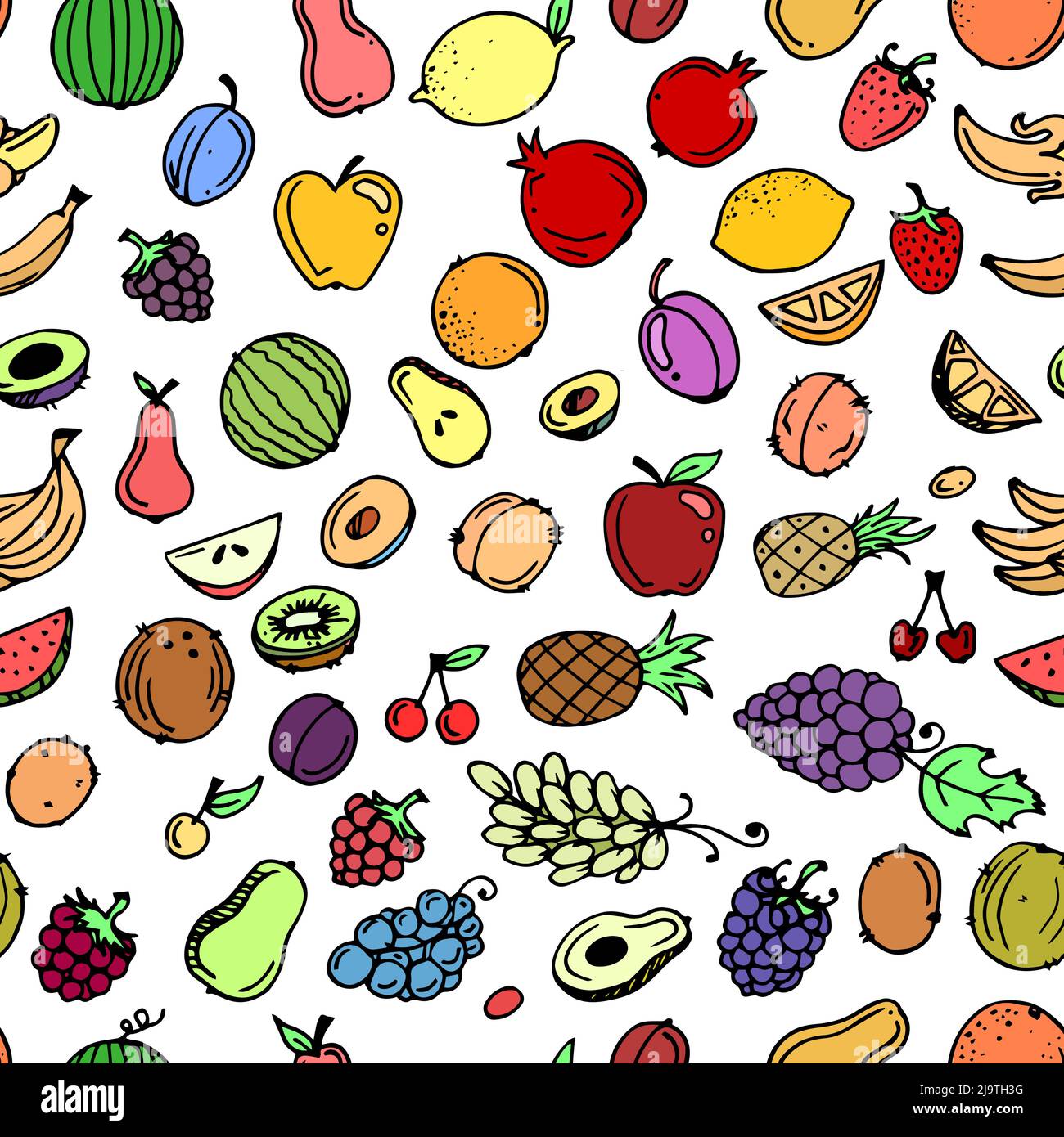 Gartenfrüchte. Essbare Lebensmittelpflanzen. Nahtloses Muster. Handzeichnung Umriss. Isoliert auf weißem Hintergrund. Vektor Stock Vektor