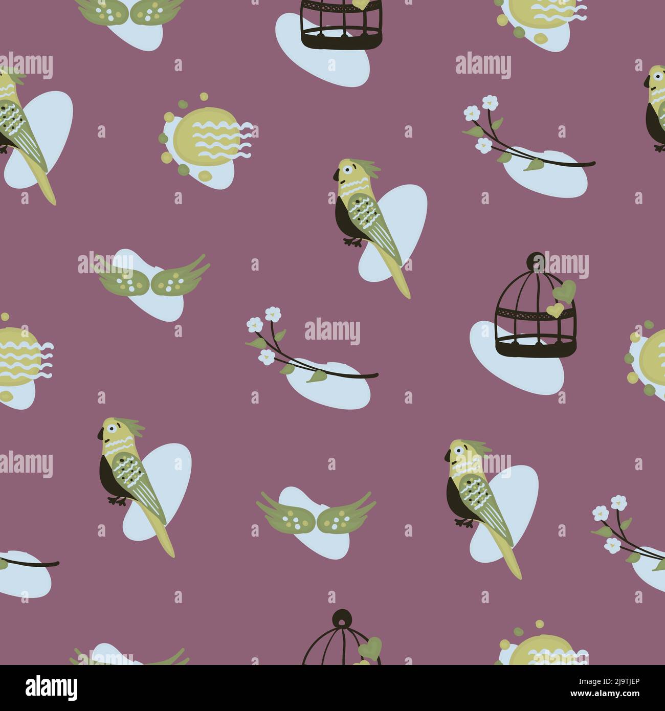 Niedlicher Papagei auf hellem burgunderroten Hintergrund, nahtloses Muster Stock Vektor