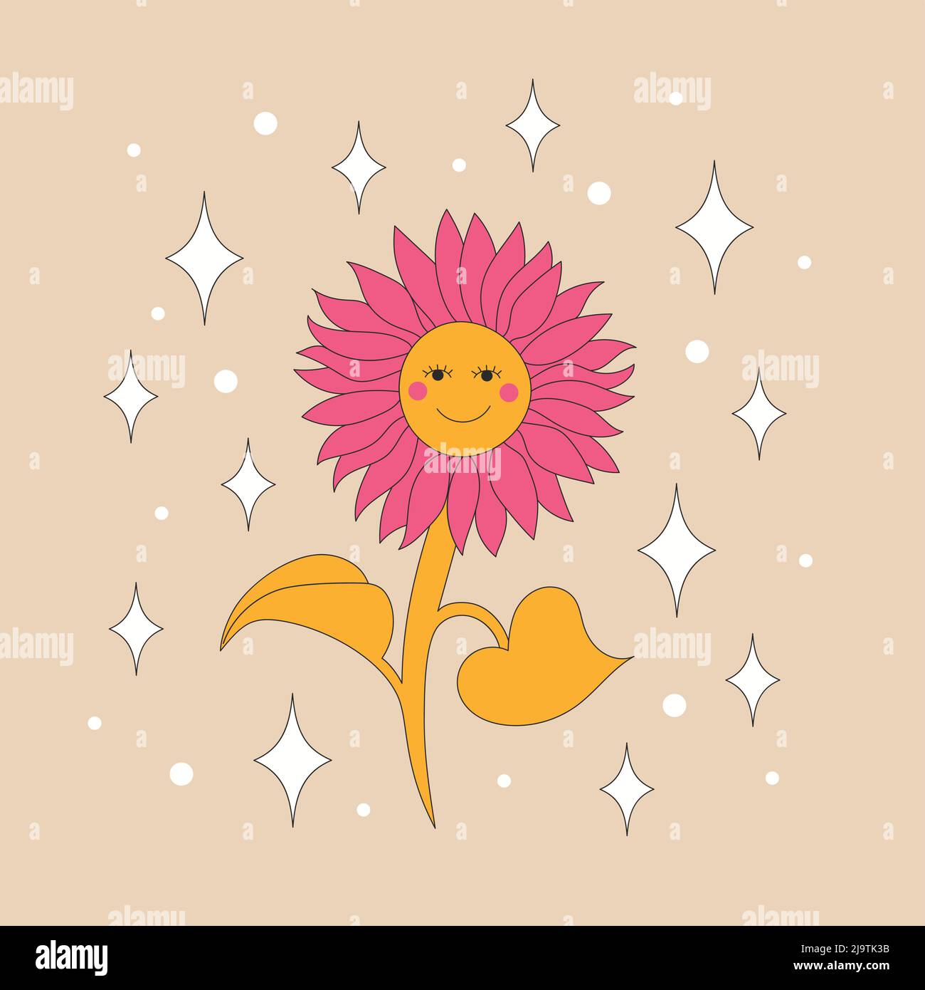Retro-Sonnenblume mit Funkeln und einem Lächeln. Stock Vektor