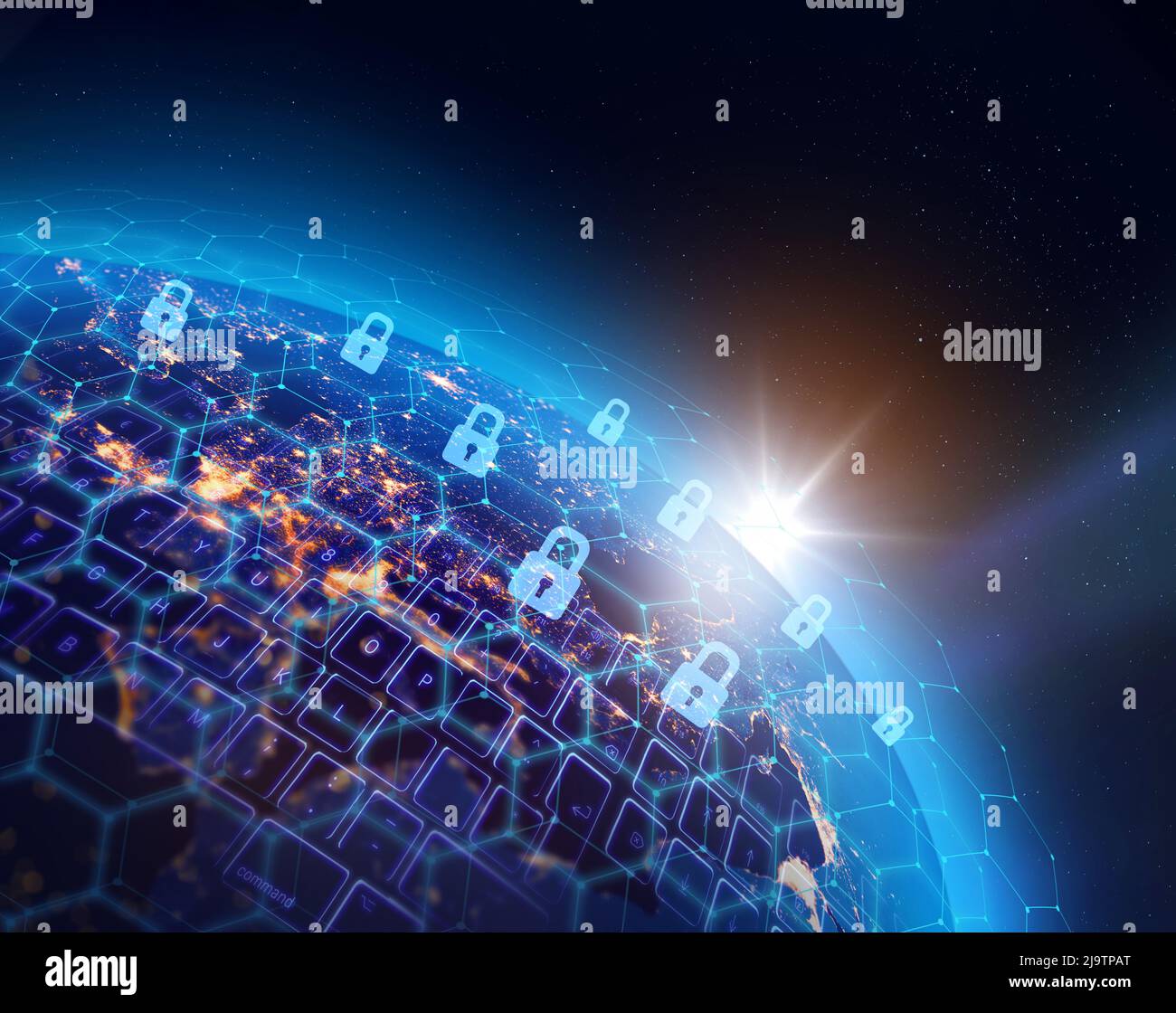 Weltweite Netzwerkinfrastruktur für digitale Datensicherheit, Konzept für Datenschutzverletzungen. Einige Elemente des Bildes, die von der NASA eingerichtet wurden. Stockfoto