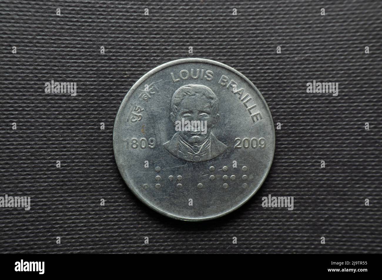 2 Rupie, Rückansicht, Republik Indien, 200. Jahre - Geburt von Louis Braille, Edelstahl Stockfoto