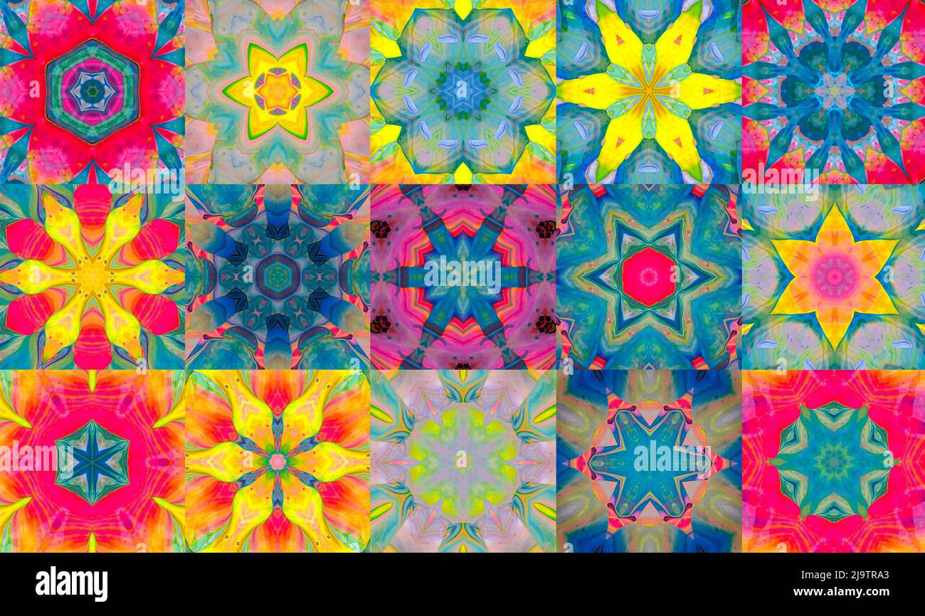 Illustration besteht aus fünfzehn Quadraten mit geometrischen Formen mit radialer Symmetrie in verschiedenen Farben mit dem Aussehen eines Kaleidoskop und organische Stockfoto