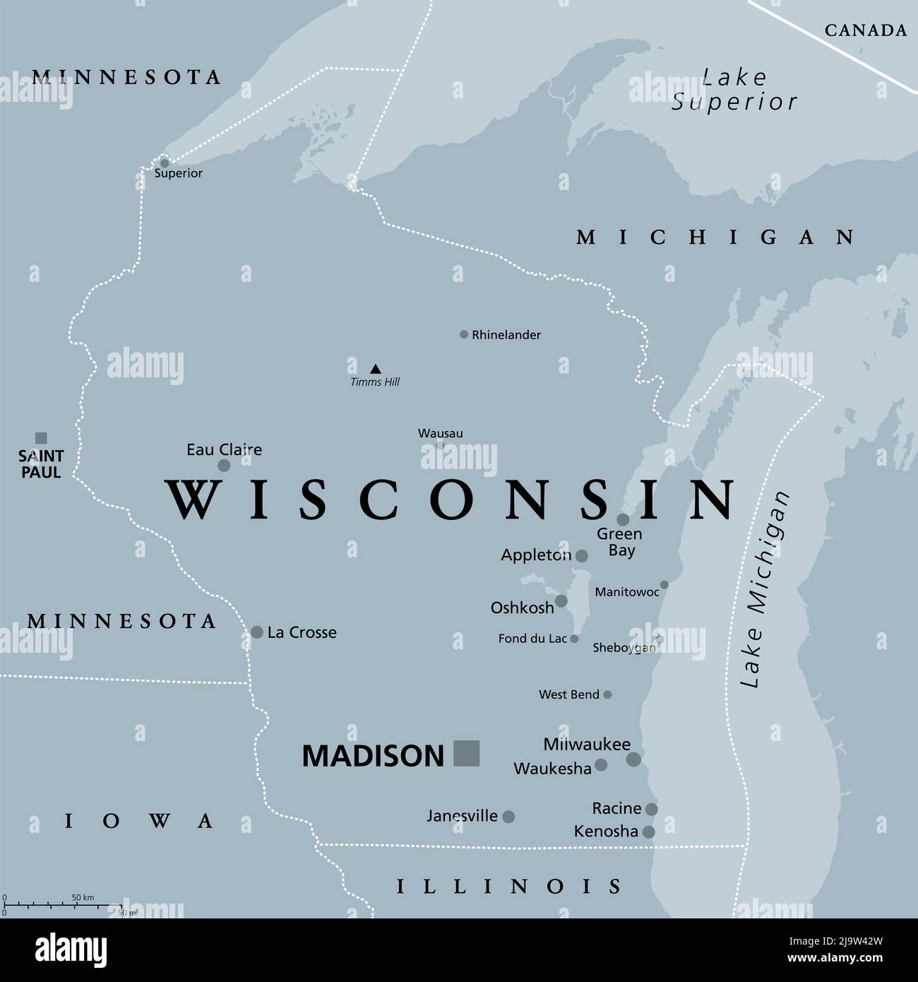 Wisconsin, WI, graue politische Karte, mit der Hauptstadt Madison und der Metropolregion Milwaukee. Staat im oberen Mittleren Westen der Vereinigten Staaten. Stockfoto