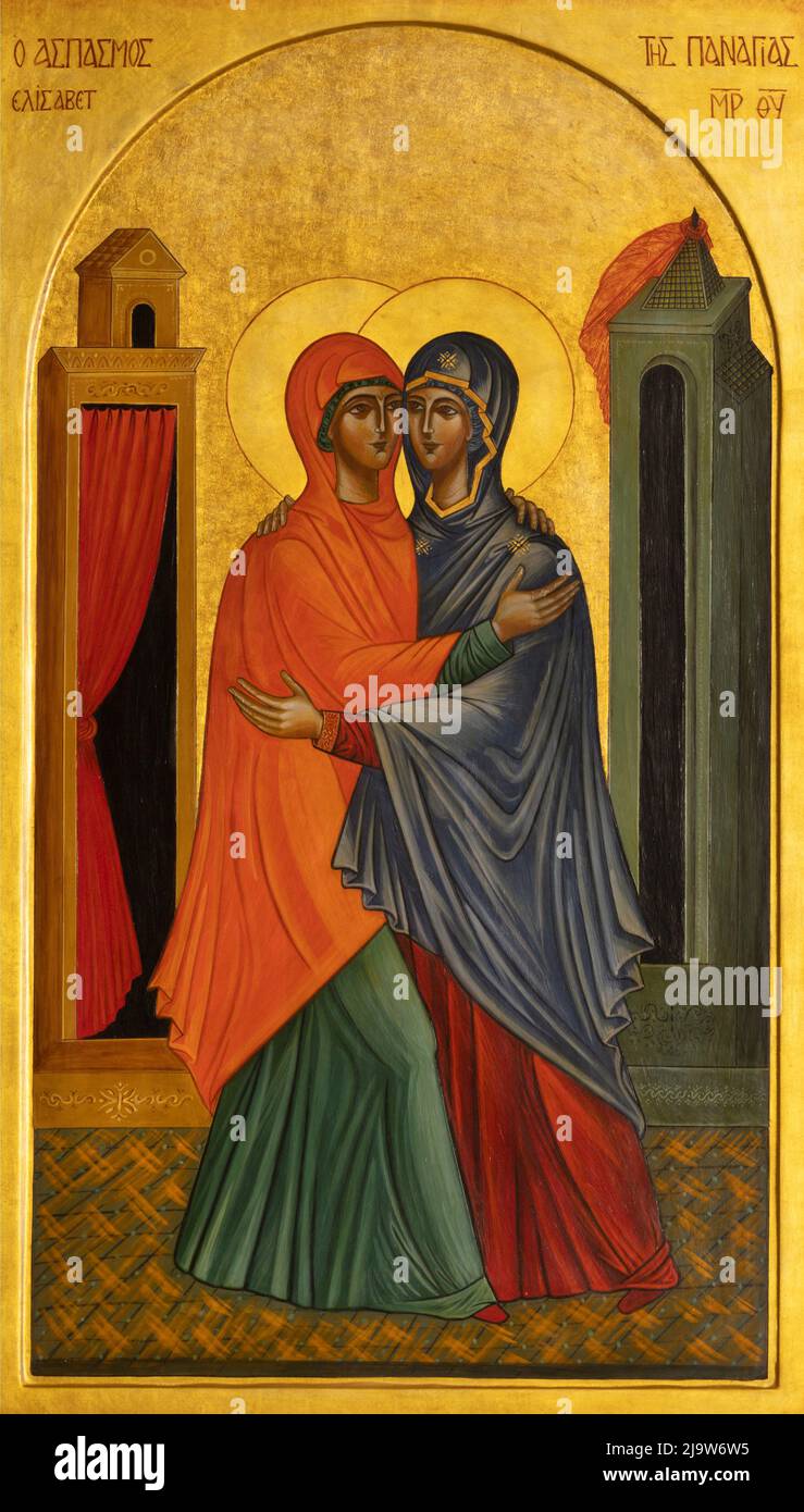 BARI, ITALIEN - 5. MÄRZ 2022: Die Ikone der Heimsuchung in der Kirche Chiesa di Santa Croce aus dem 20. Jh. Stockfoto