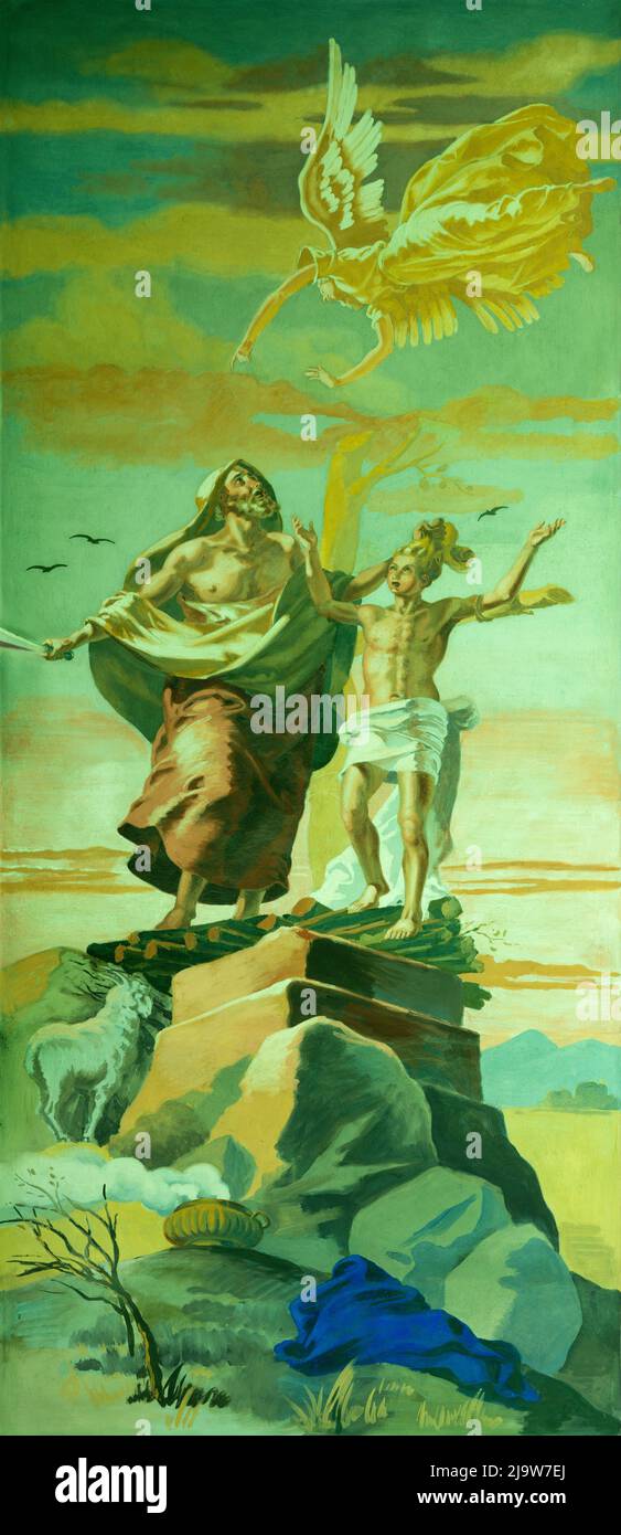 BARI, ITALIEN - 5. MÄRZ 2022: Das moderne Freskenopfer Isaaks in der Kirche Chiesa del Redentore von Giuseppe Melle (1940 - 1960) Stockfoto