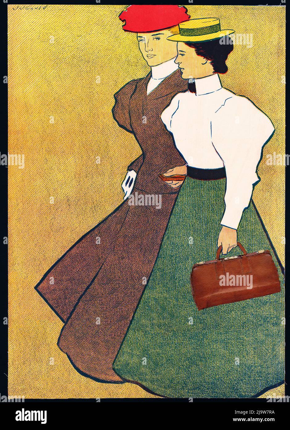 Eine Illustration einer jungen Frau, die 1995 eine Ausgabe von Harper's Bazar liest. Das Bild von William L. Carqueville (1871-1946) ist ein Detail eines Posters für Lippincott's, eine amerikanische monatliche Literaturzeitschrift, die von 1868 bis 1915 in Philadelphia veröffentlicht wurde. Stockfoto