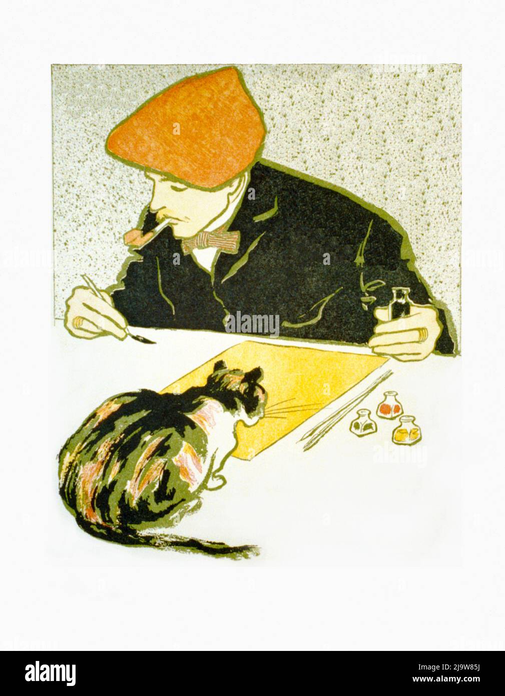 Ein Detail aus einer Kalenderillustration von Edward Penfield (1866-1925) eines Künstlerbildes unter dem Blick einer Katze, die auf dem Tisch sitzt. Stockfoto