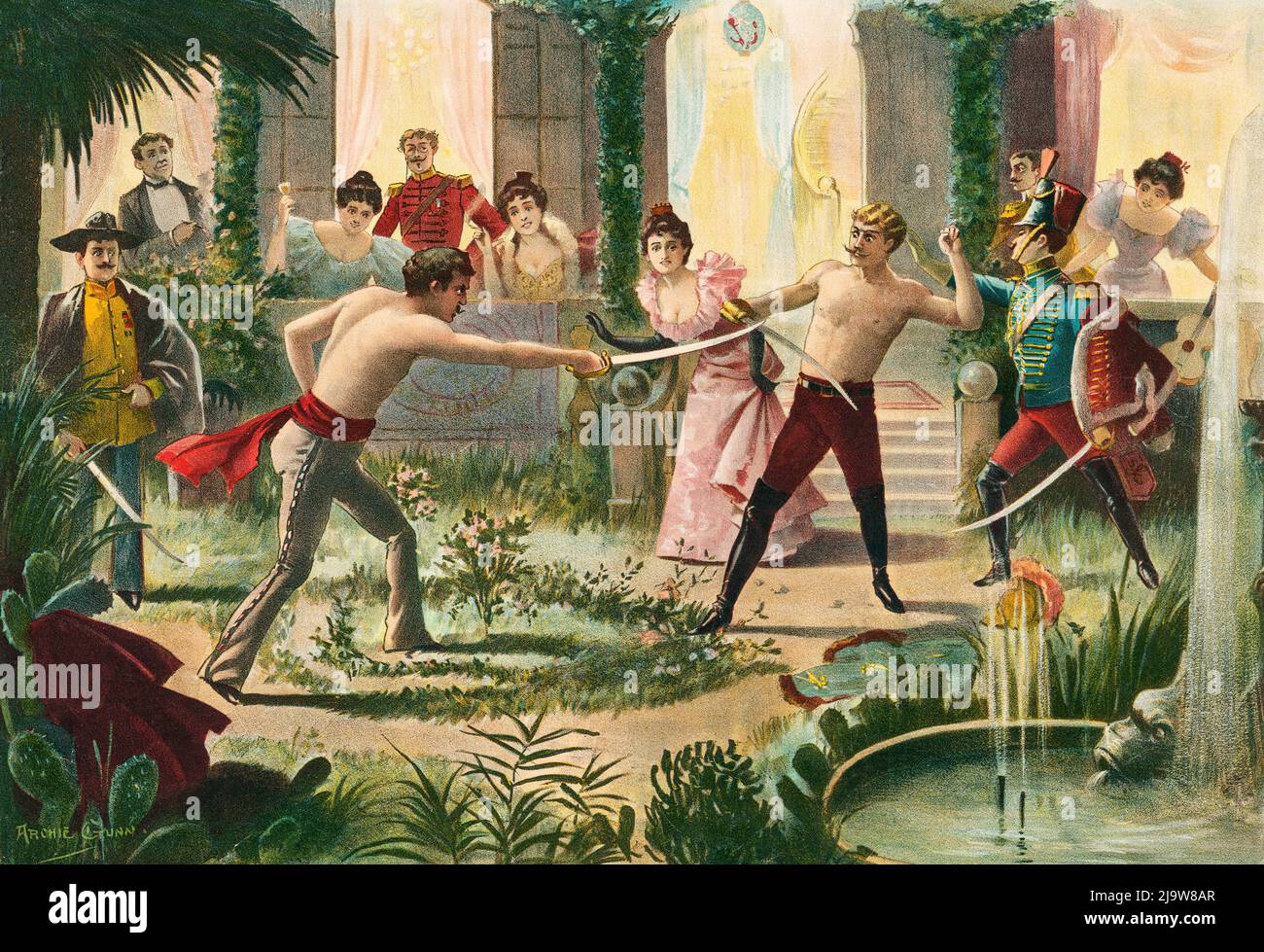 Eine Illustration von Archie Gunn (1863-1930) eines Duell-Schwert-Kampfes in einem Innenhof, die auf einem Plakat mit dem Roman „A Passing Emperor“ von Robert Shortz verwendet wurde. Stockfoto