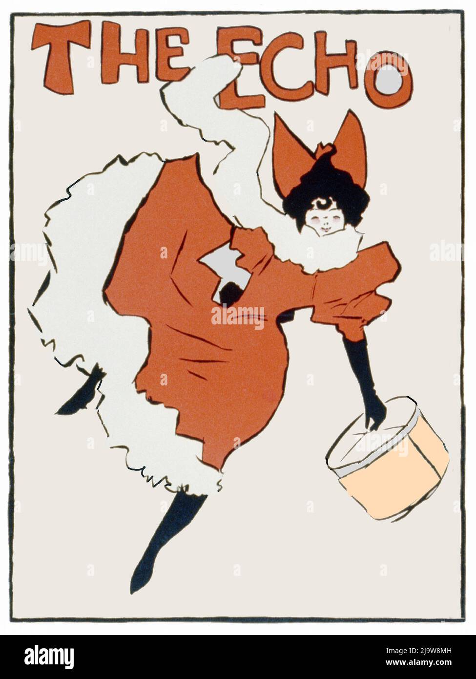 Eine Werbeillustration aus dem Jahr 1896, die eine Frau zeigt, die eine Hutbox für das Echo-Magazin trägt, von Elisha Brown Bird. Stockfoto