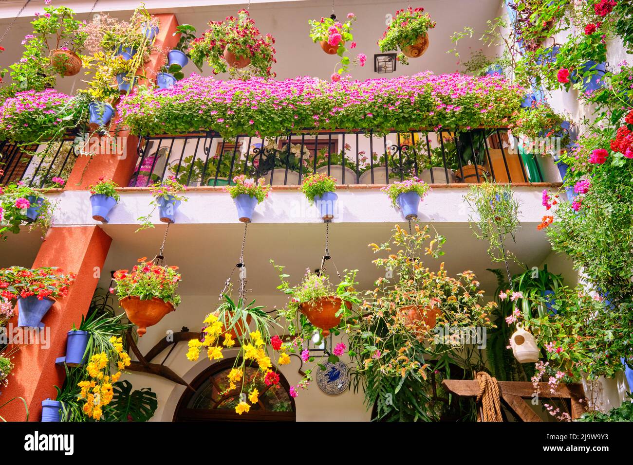 Ein traditioneller Patio von Cordoba, ein Innenhof voller Blumen und Frische. San Basilio, Andalusien, Spanien Stockfoto