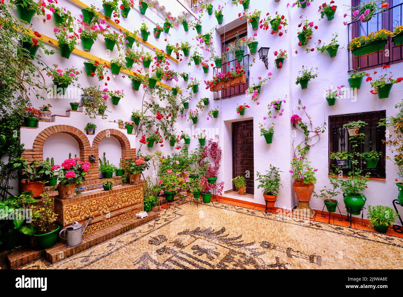 Ein traditioneller Patio von Cordoba, ein Innenhof voller Blumen und Frische. Ein immaterielles UNESCO-Kulturerbe der Menschheit. Andalusien, Spanien Stockfoto