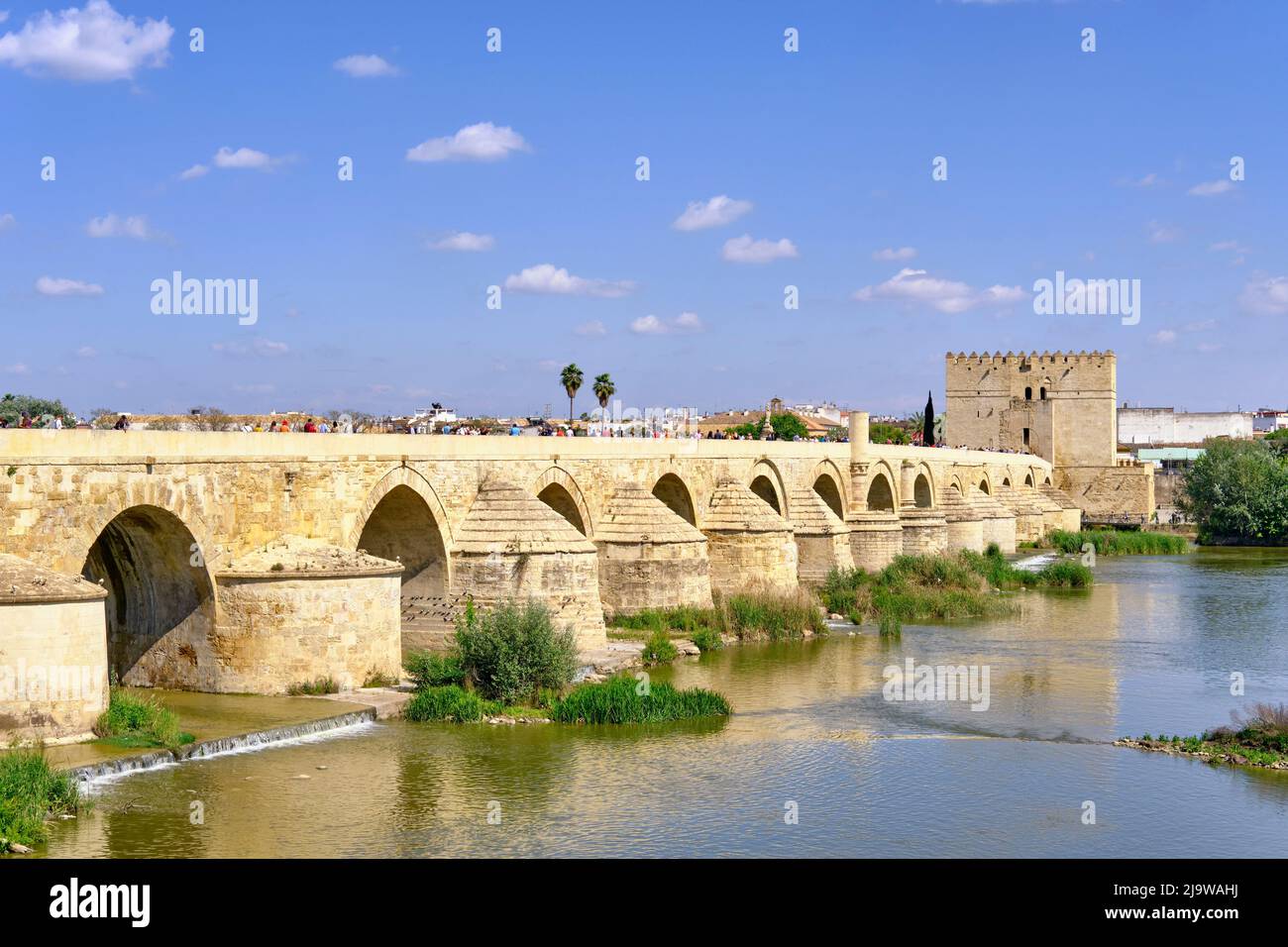 Die römische Brücke (Puente Romano) über dem Guadalquivir-Fluss und der Calahorra-Turm, ein befestigtes Tor. Cordoba ist ein UNESCO-Weltkulturerbe. Andalusien, Stockfoto