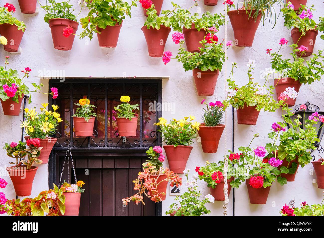 Detail eines traditionellen Patio von Cordoba, ein Innenhof voller Blumen und Frische. Ein immaterielles UNESCO-Kulturerbe der Menschheit. Spanien Stockfoto