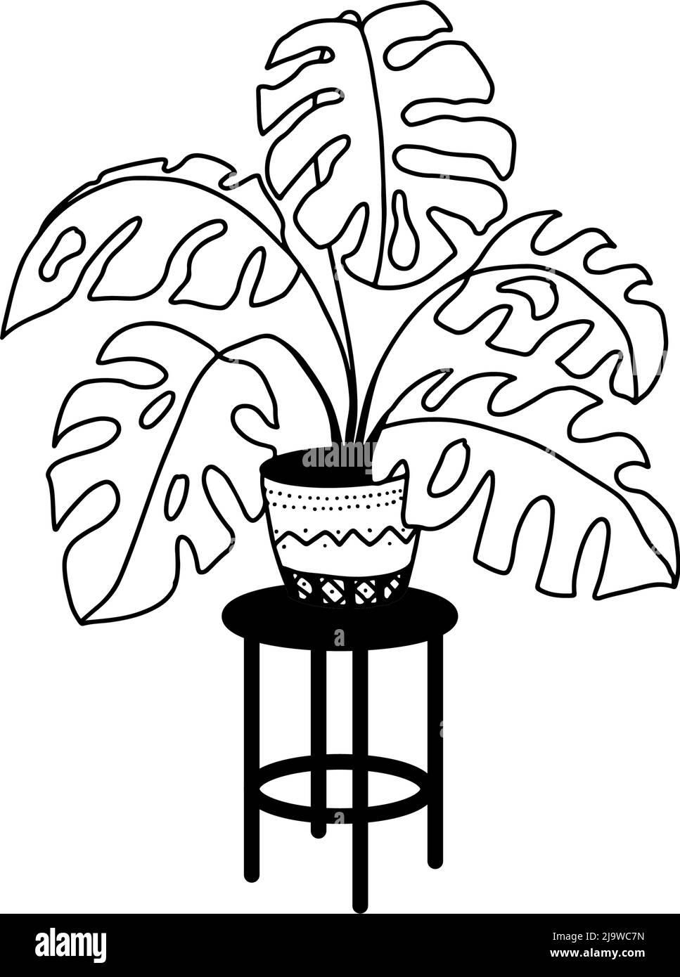 Topfblumen auf einem Ständer, häusliche Einrichtung. Freihandzeichnung, lineare Schwarz-Weiß-Skizze. Große Zimmerpflanzen im Freien. Vektorgrafik Stock Vektor