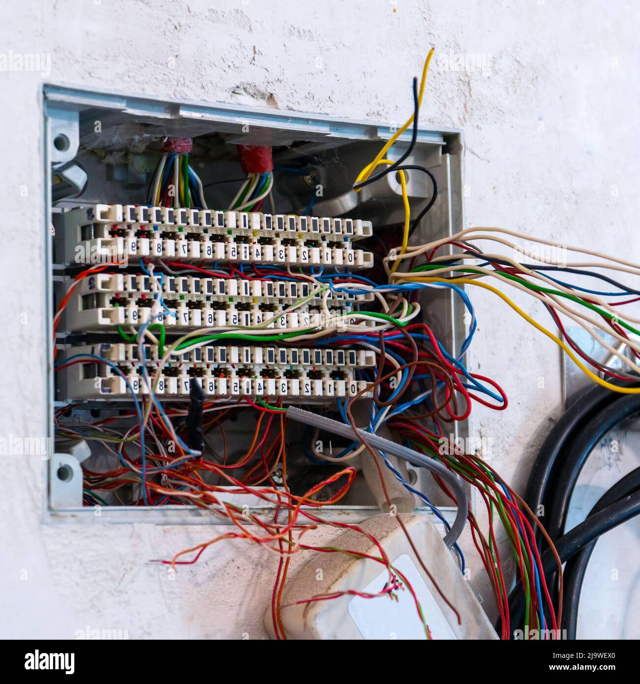 Offene Anschlussdose mit hervorstehenden Drähten, vorbereitet für die Montage und den Anschluss von Telefon- und Computerkabeln. Selektiver Fokus Stockfoto