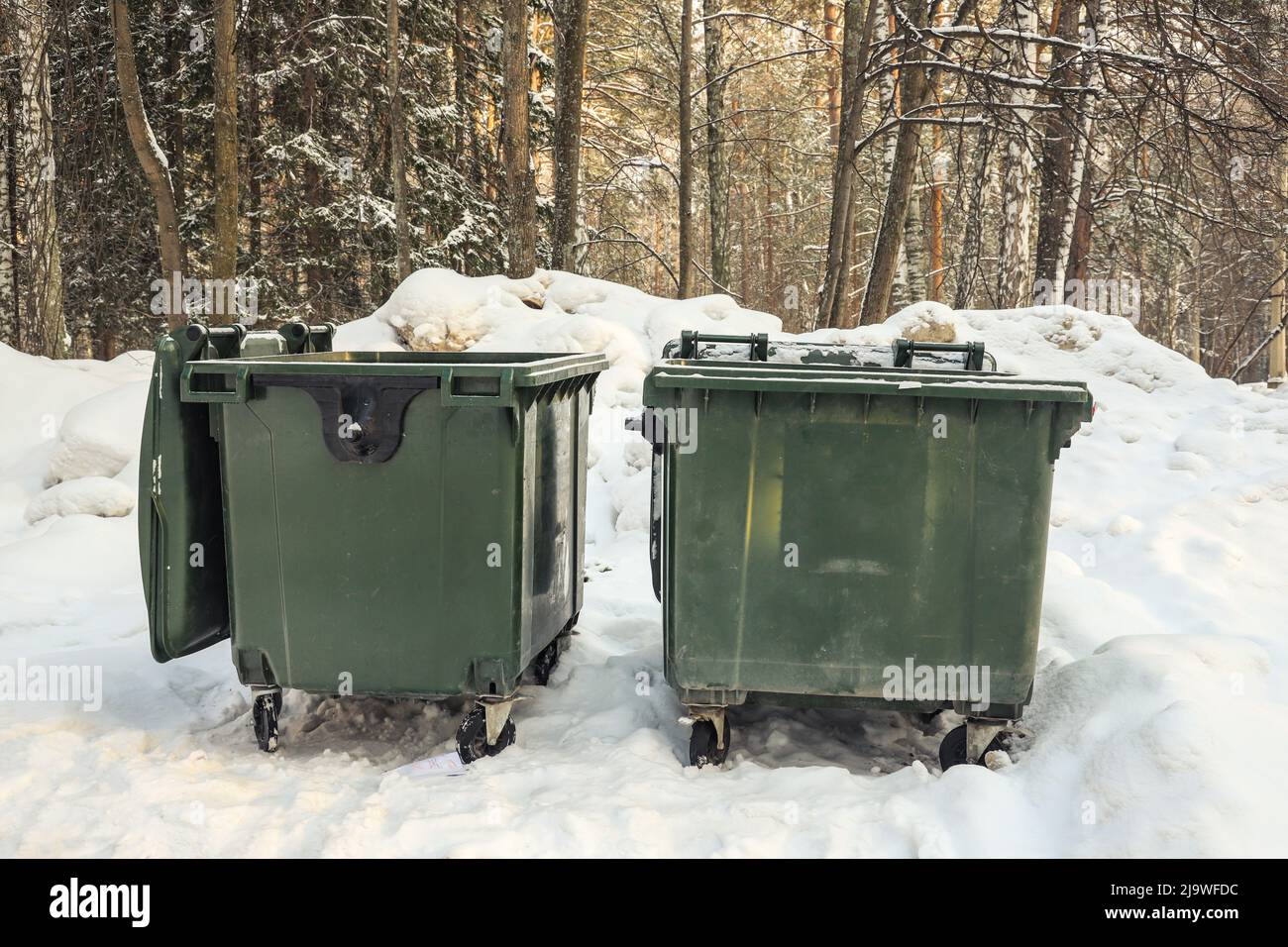 Zwei grüne Mülltonnen mit Schnee im Winter. Im Freien Stockfoto