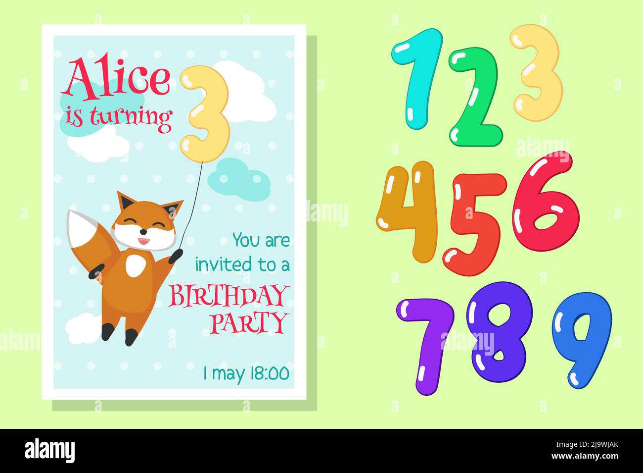 Vektor Geburtstagseinladung mit Fuchs und Zahlen Stock Vektor