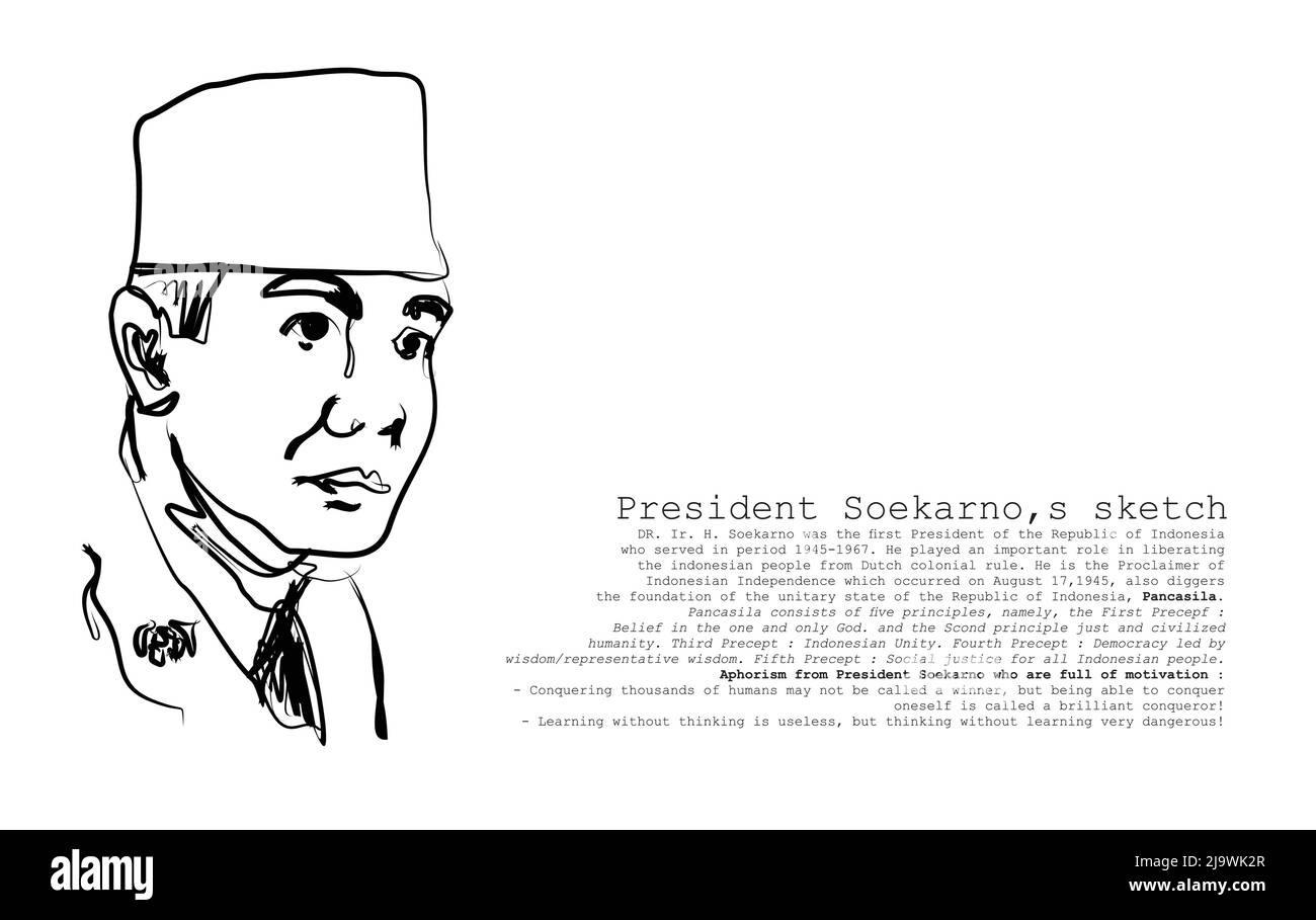 Freihändige schwarz-weiße Skizze des ersten Präsidenten der republik Indonesien. Doktor Honoris causa Ingenieur Soekarno. Vektorgrafik Stock Vektor