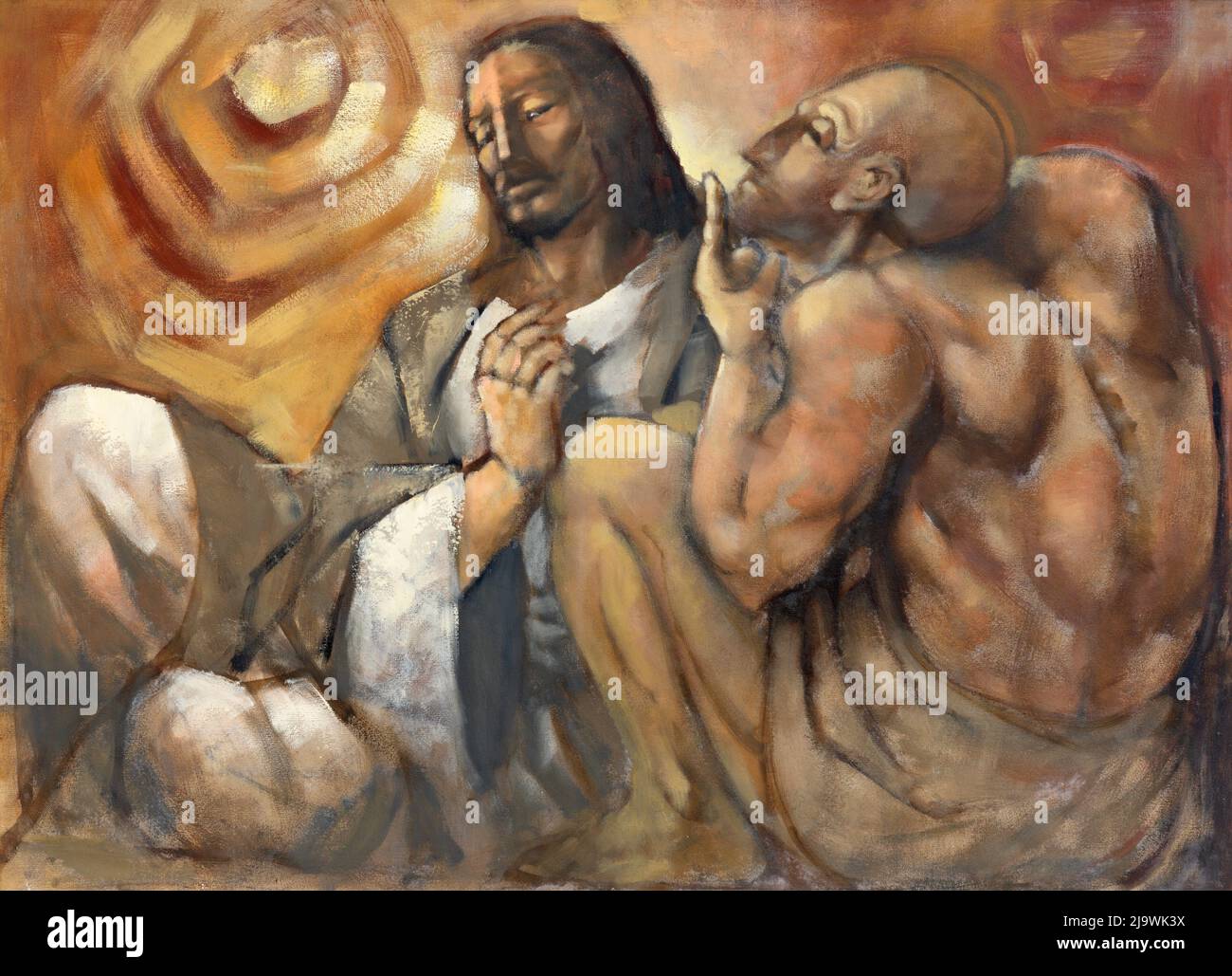 MONOPOLI, ITALIEN - 6. MÄRZ 2022: Das Gemälde der Versuchung in der Wüste in der Kirche Chiesa di Sacro Cuore von Onofrio Bramante aus dem 20. Jh. Stockfoto