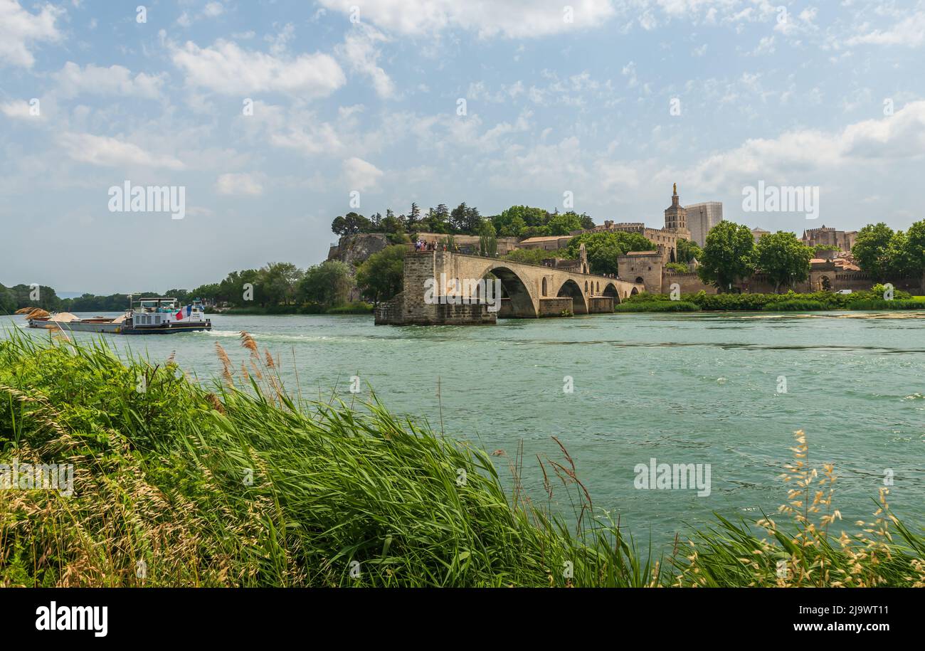 Panorama von Avignon mit der Brücke Saint Benezet über die Rhone, in Vaucluse, in der Provence, Frankreich Stockfoto