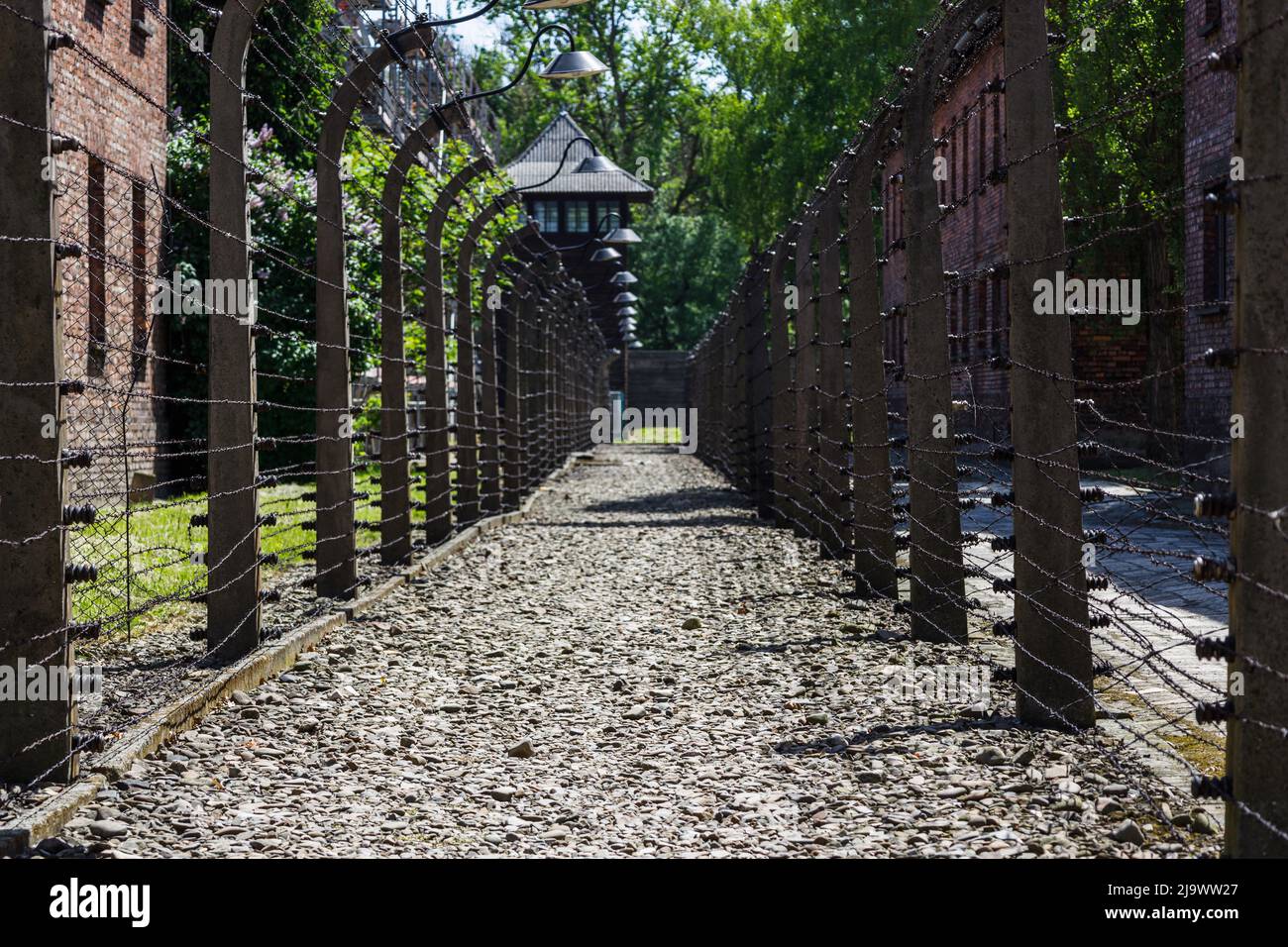 Stacheldraht um das Konzentrationslager Auschwitz-Birkenau. Oswiecim, Polen, 16. Mai 2022 Stockfoto